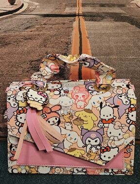 Hello Kitty Character Print Satchel with Pink Trim and Tassel Charm
